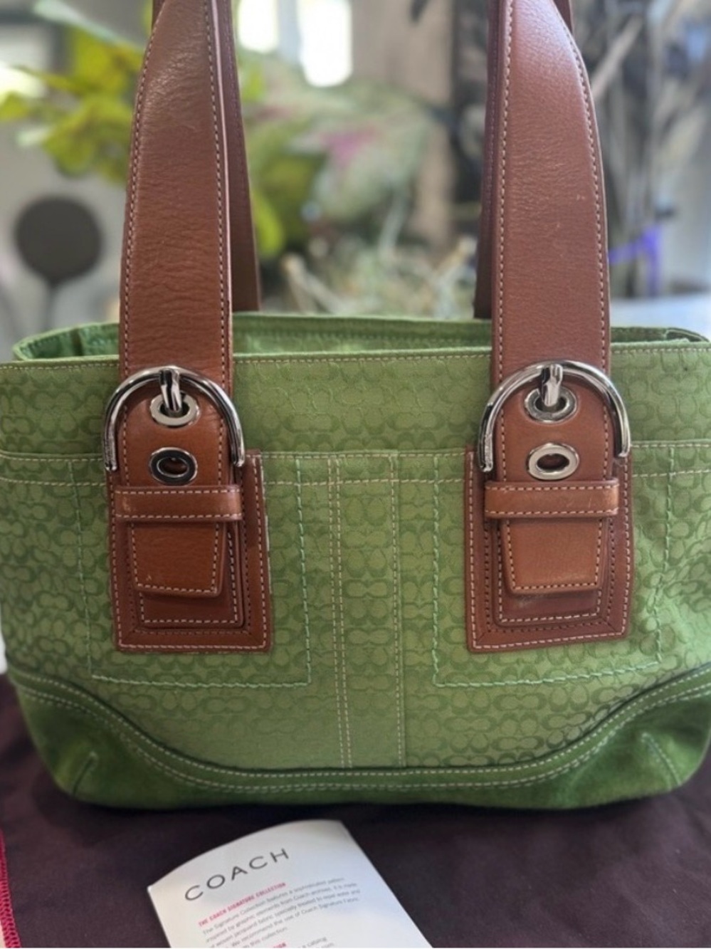 Coach Signature & Suede Green Satchel + 🍉 Coach Watermelon Coin Purse + 💯 Scarf - Picture 10 of 12